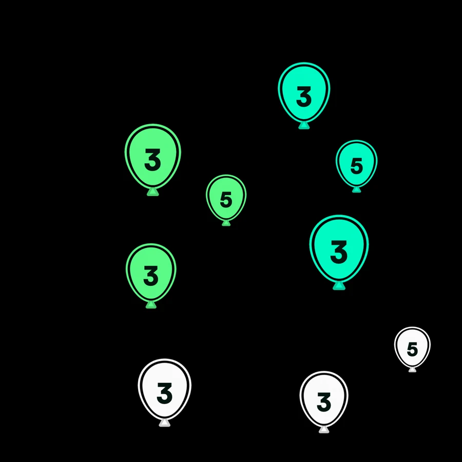 Balloons board — scattered balloons worth five, three or one point